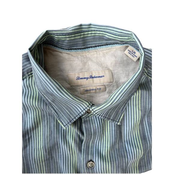 Men’s Tommy Bahama 100% Silk Short Sleeve Polo Shirt Blue Green Stripe Size L - Picture 3 of 4